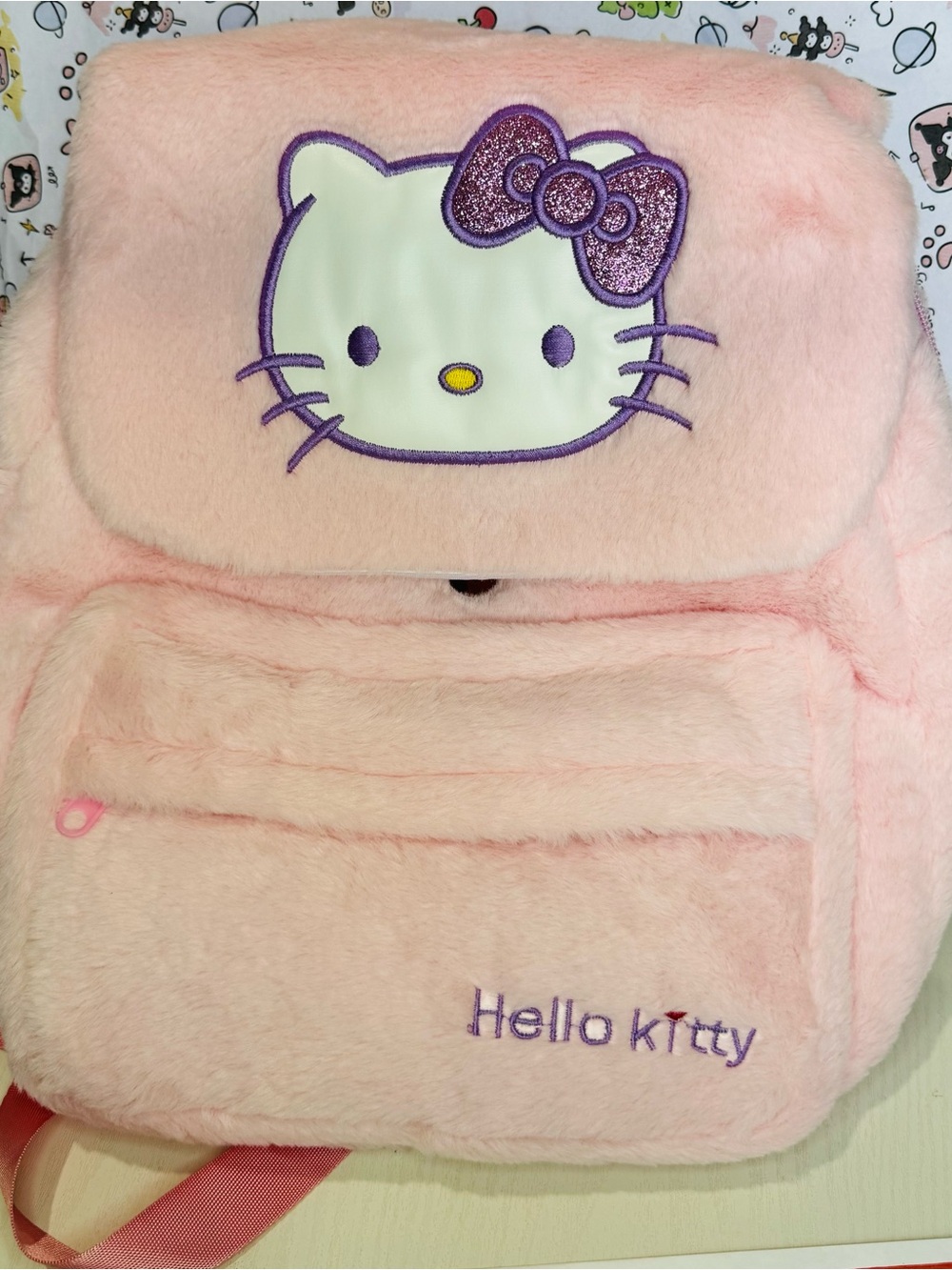 Hello Kitty Pink Plush Backpack Purple Bow and My Melody Key Chain or Charm - Picture 8 of 8